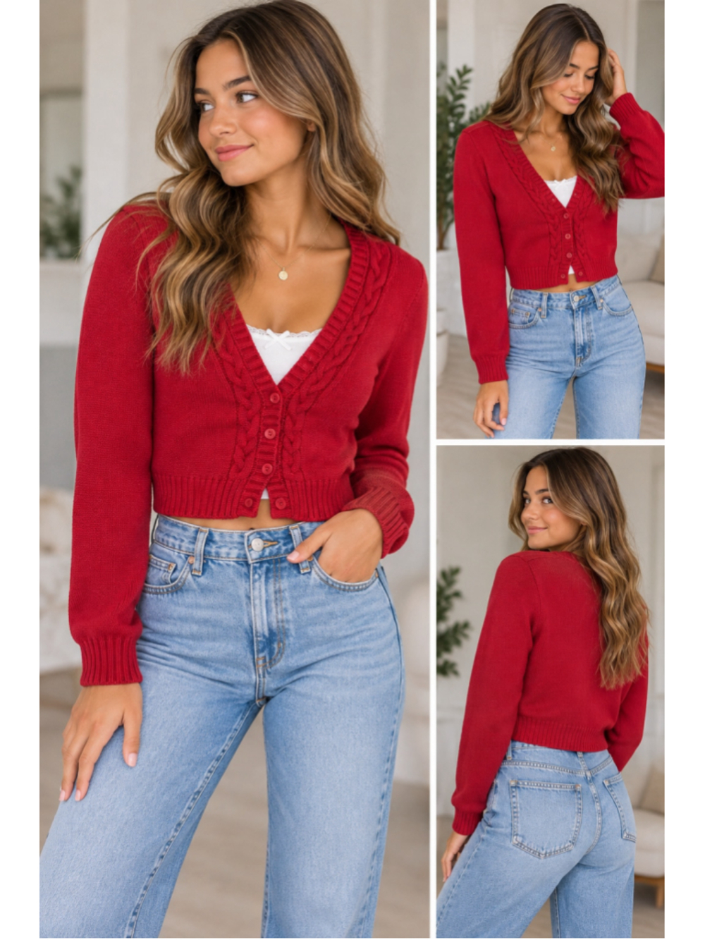 Hollister Red Cable Knit Cropped Cardigan Sweater Y2K Coquette Preppy Chic Trend